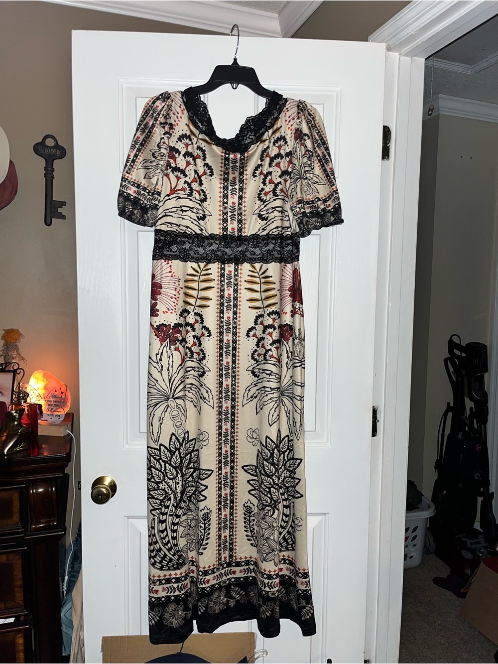 SHEIN Cream Maxi Dress with Black Lace & Red Floral Accents